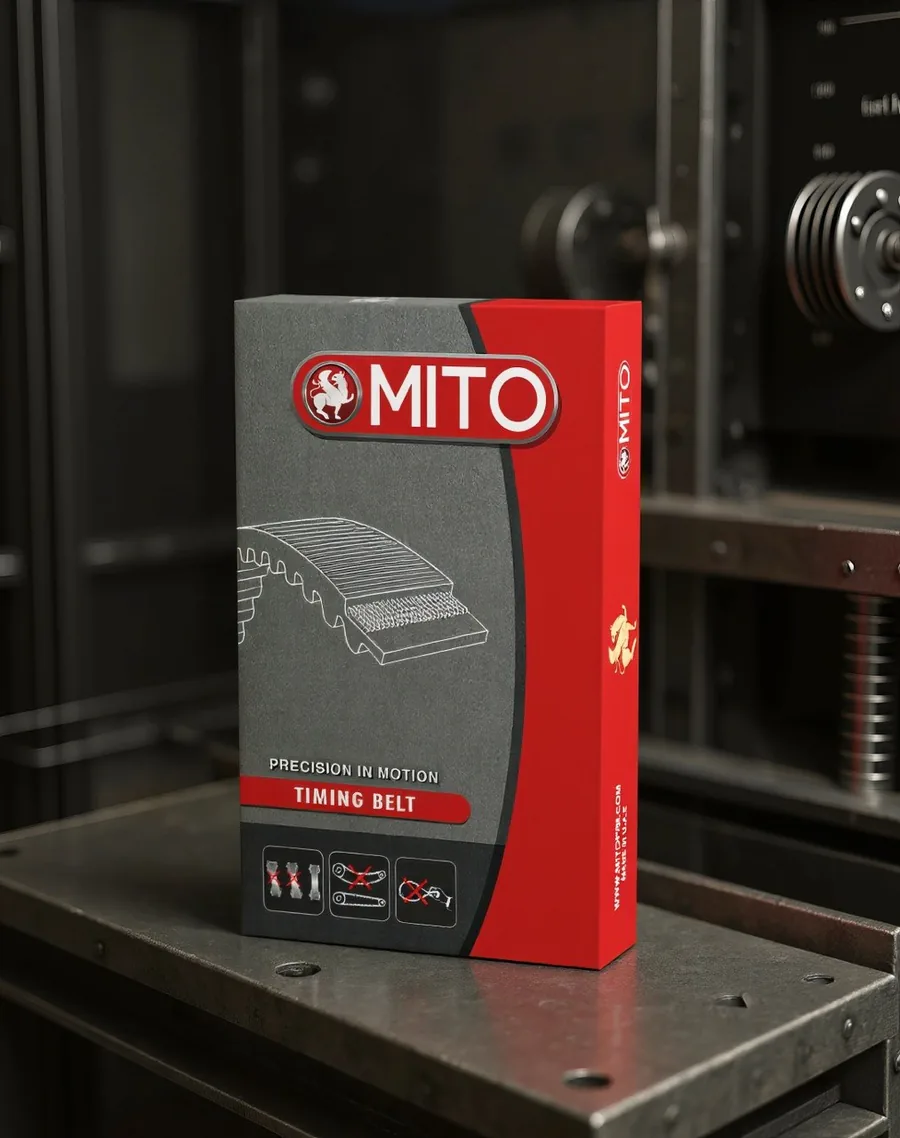 MITO timing belt box on a steel workbench